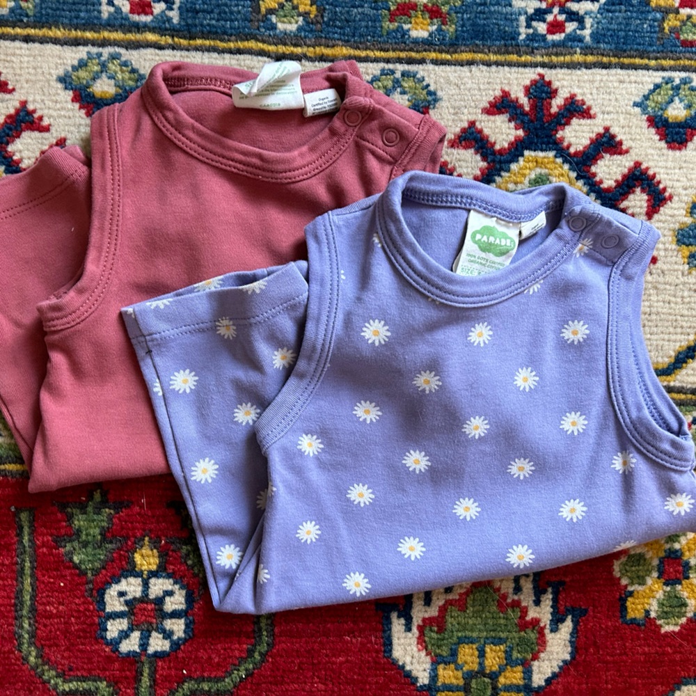 Parade Organics Sleeveless Rompers- TWO- Daisy and Rose (3-6 months)